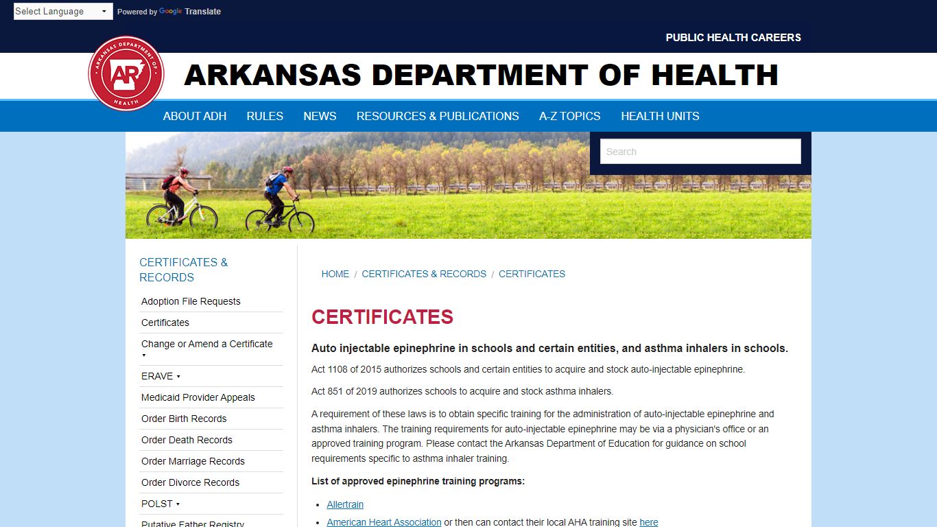 Certificates Arkansas Department of Health